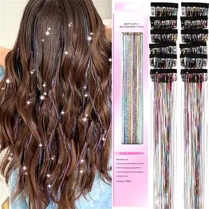 12 Pieces Boxed Wig Laser Gold Hair Extensions, Women's Shiny Colorful Silk Seamless Highlight Hair Extensions