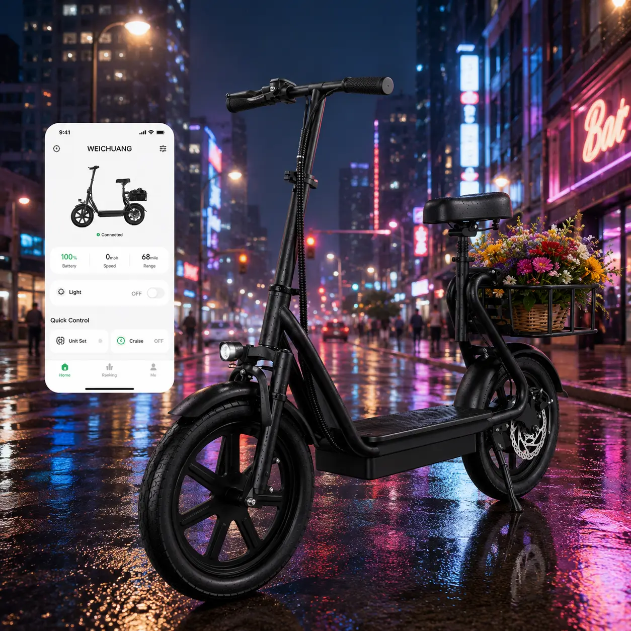 Electric Scooter for Adults with Seat,48V 10.4Ah Battery, Top Speed 22 mph, Driving Range 21-27 Miles, Pet-Friendly Design with Rear Basket