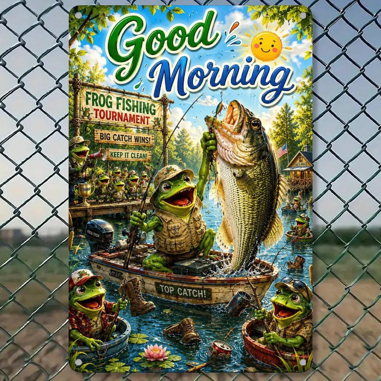 Good Morning Frog Fishing Tournament Metal Tin Sign 8*12in Funny Fishing Frog Wall Decor for Cabin Lake House