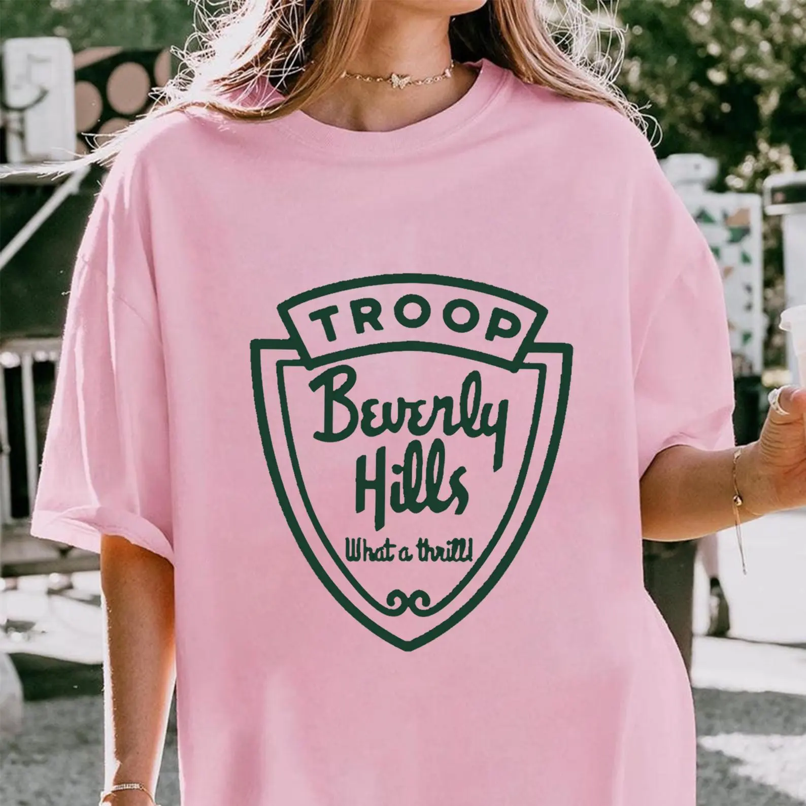 Troop Beverly Hills What A Thrill T-Shirt Vintage 80s Movie Pink Shield Graphic Tee Retro Camp Comedy Nostalgic 80s Fashion Funny Gift for Women Streetwear Retro Movie Lover Gift T-Shirt Sweatshirt Hoodie