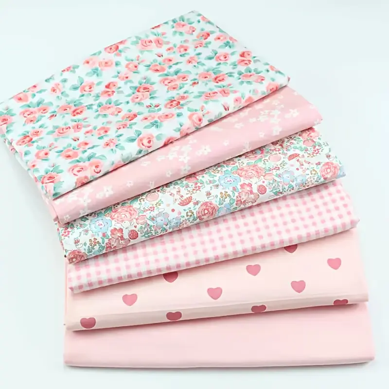 6pcs of 40cm X 40cm / 15.75inch X 15.75inch Pink Series Pure Cotton Printed Fabric, Floral Pattern, DIY Fabric Pieces, Country Floral Heart Design Twill Fabric, Quilting Patchwork Set, Sewing Scrapbook DIY Fabric