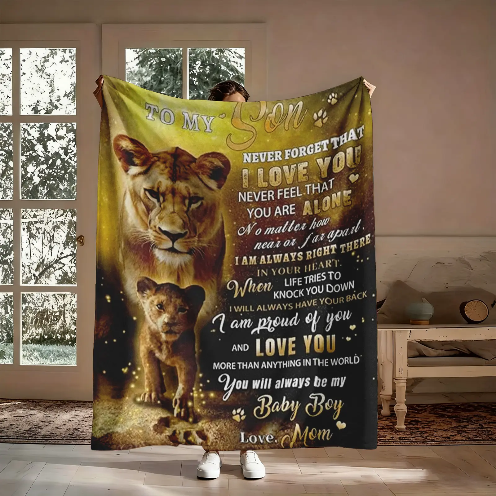 To My Son Lioness Flannel Throw Blanket, Mom Lion Cub I Love You Always Have Your Back Pattern Soft Warm Cozy Nap Blanket for Couch Bed Sofa, Sentimental Gift for Son from Mom, Birthday Graduation Christmas Mother's Day Gift