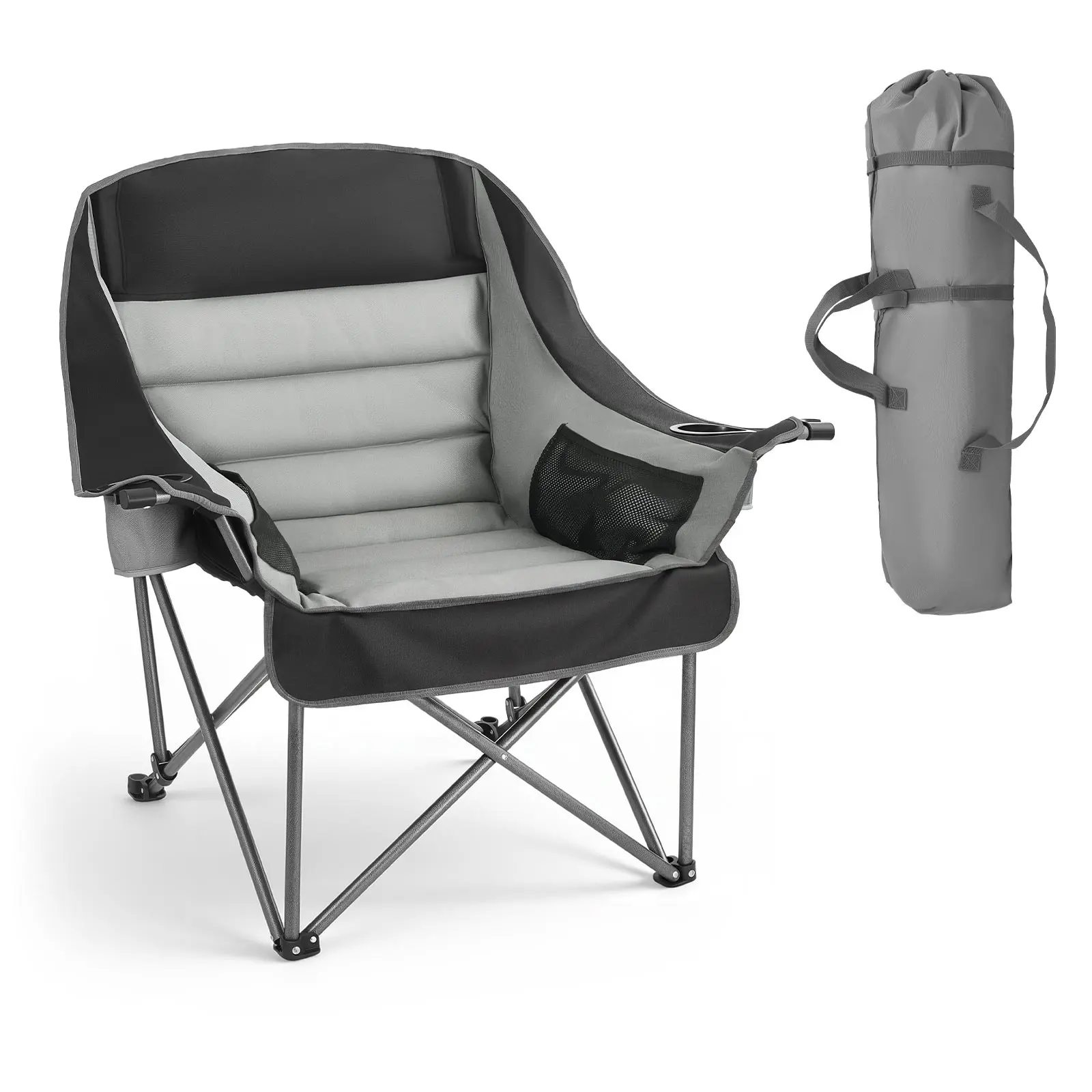 【SummerFinds】VEVOR Oversized Camping Chairs, 450 lbs Heavy Duty Support, Portable Padded Folding Camp Chairs with Dual Cup Holders & Wine Glass Holders, Carry Bag for Outdoor, Fishing, Black & Gray, 1 Pack