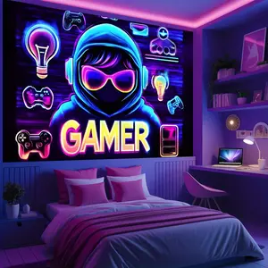 2D Flat, 2D Flat Fluorescent Tapestry Glow in The Dark Gamer, Glow in Dark Uv Light Wall Art, Room Decor Wall Hanging for Bedroom, Living Room, Office, Gamer Room Decor for Mens, Computer Room Decor, Festive and Party Decor, 2D Flat