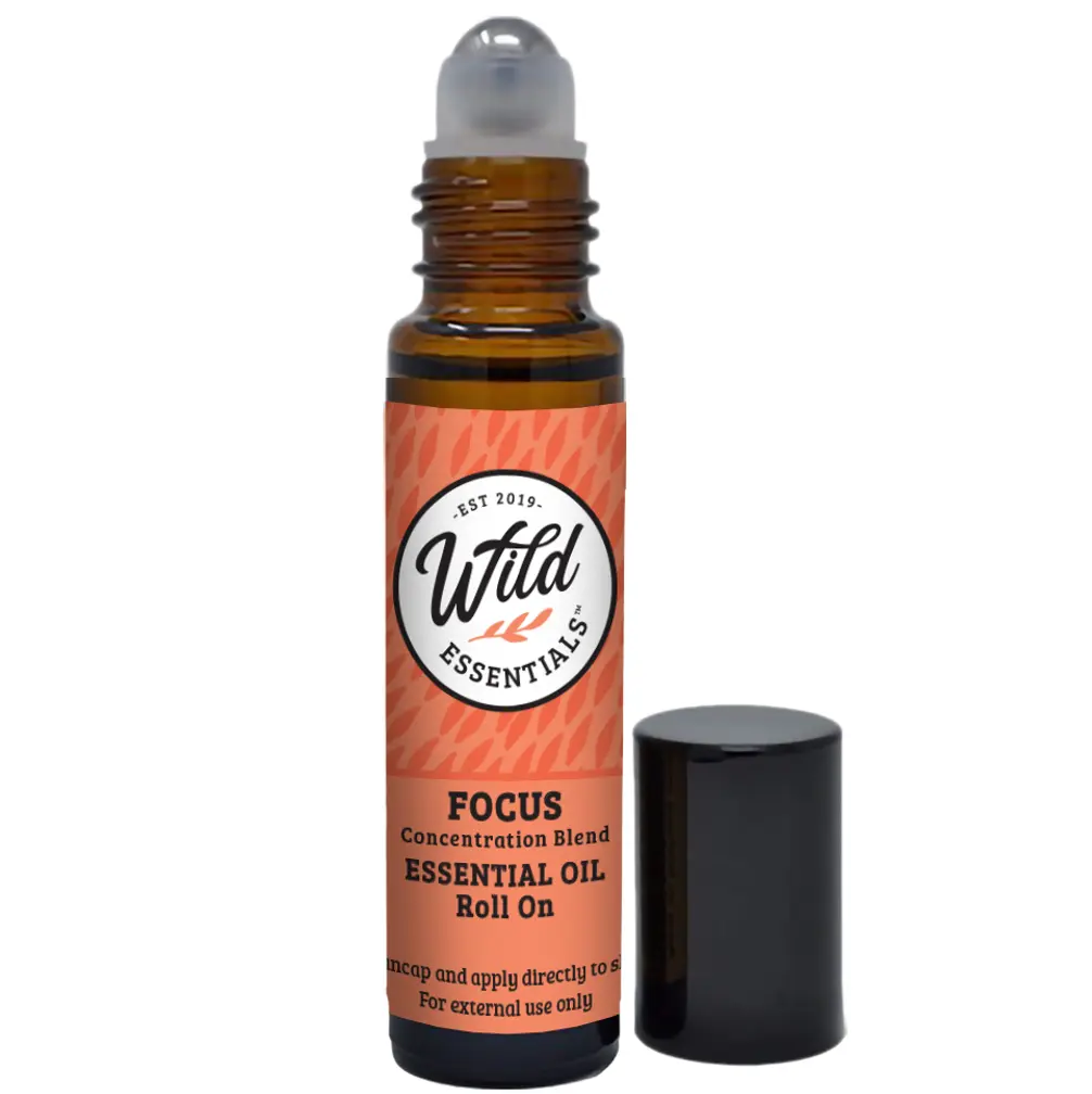 Wild Essentials Focus Essential Oil Roll On, 10ml for Concentration, Clarity, Study, Work, Pure, Premium Grade Essential Oils and Organic Jojoba Oil, Ready to Use, Moisturizer, All Natural