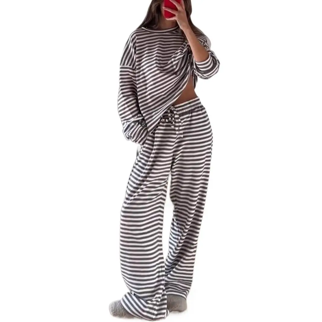 Women's Striped Lounge Set, 2 Piece Casual Soft Knit Outfit, Long Sleeve Top and Stretchy Wide Leg Pajama Pants, Pajama Set, Lady, Longsleeves