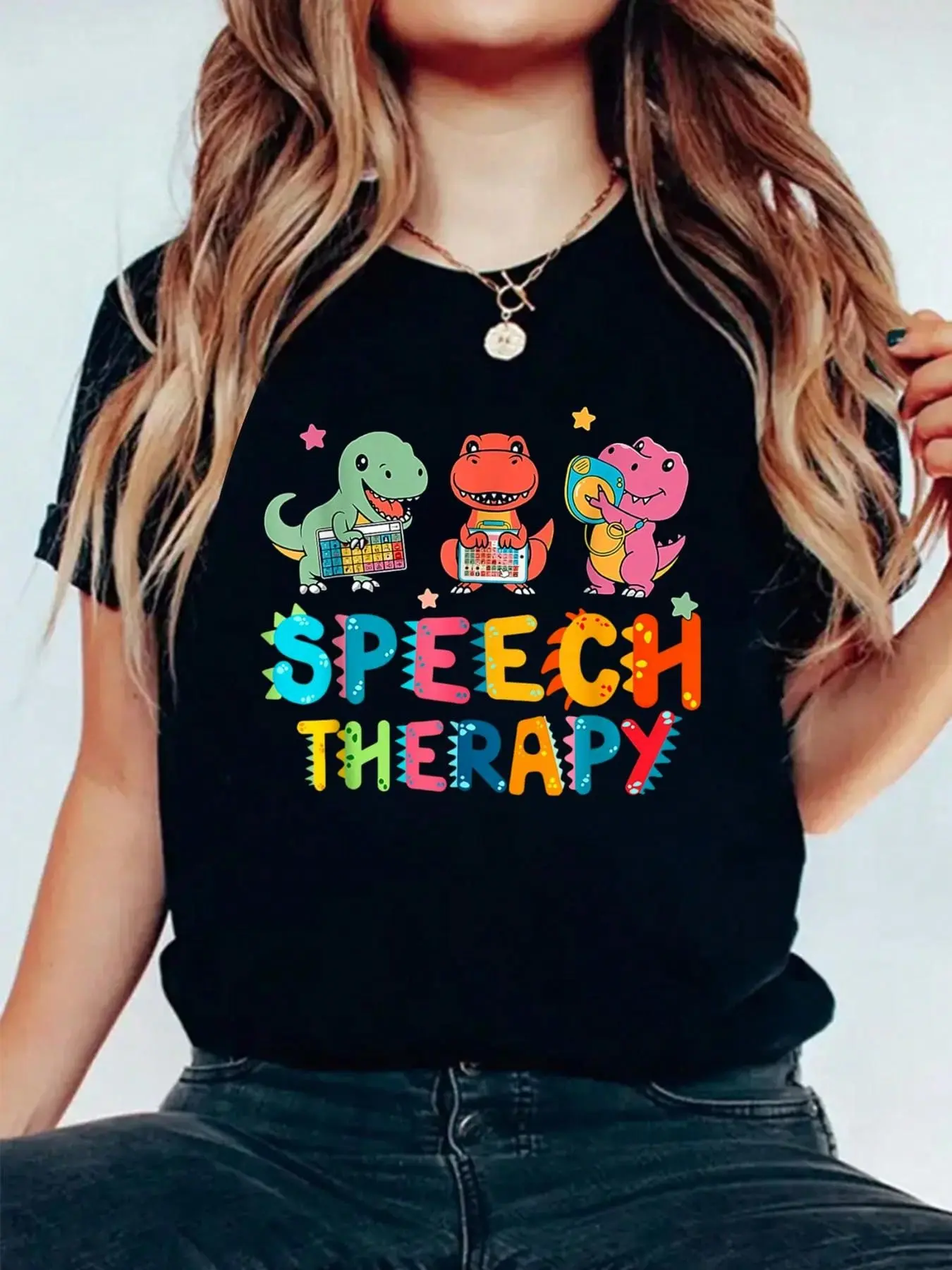 Speech Cute Dinosaur Speech Therapy Speech Pathologist T-Shirt Print Cotton T-Shirt For Summer, Women's Soft Short Sleeve Top, Stylish Comfy Tee For Women Graphic Tees