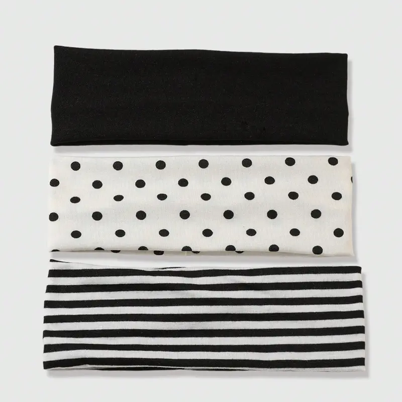 3-Piece Black White Polka Dot & Striped Elastic Sweatbands, Stretchy Workout Headband Set Headbands for Daily Life, Yoga, Fitness & Travel, Women's Sports Hair Accessories