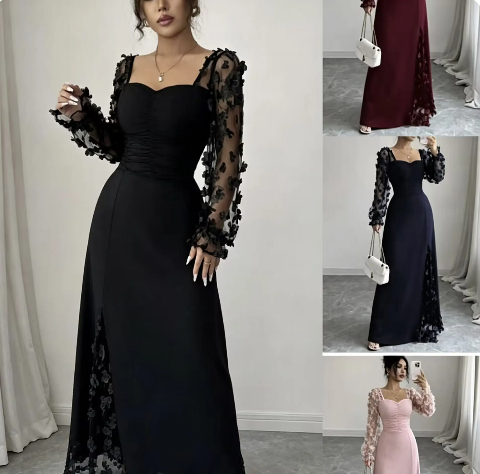 Women's Square Neck Lace Long Sleeve Maxi Dress Elegant Cocktail Evening Gown with Side Split