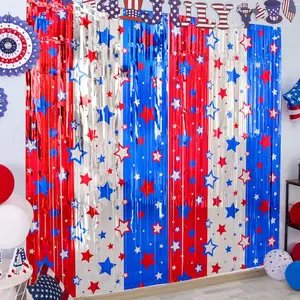 LOLStar 4th of July decorations, 3 Pack Red White Blue Decorations, 3.3x6.6ft Star Pattern Tinsel Foil Fringe Curtains, Photo Booth Props Backdrop for Memorial Day, Patriotic, USA Party Decor Supplies