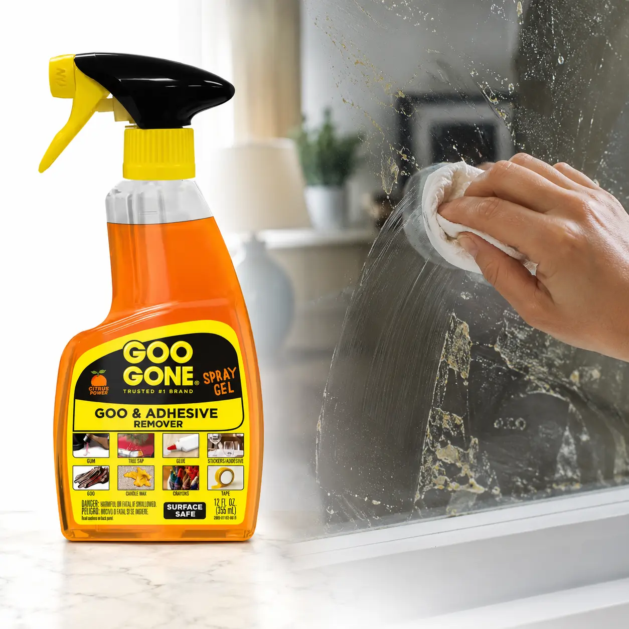 Goo Gone 12 oz. Goo and Adhesive Remover All-Purpose Cleaner Spray, wine glass label residue, children's crayon wall marks,door handle tape residue,car window decal removal,book spine glue stain,hardwood floor gum spot,furniture sticker trace,window cling