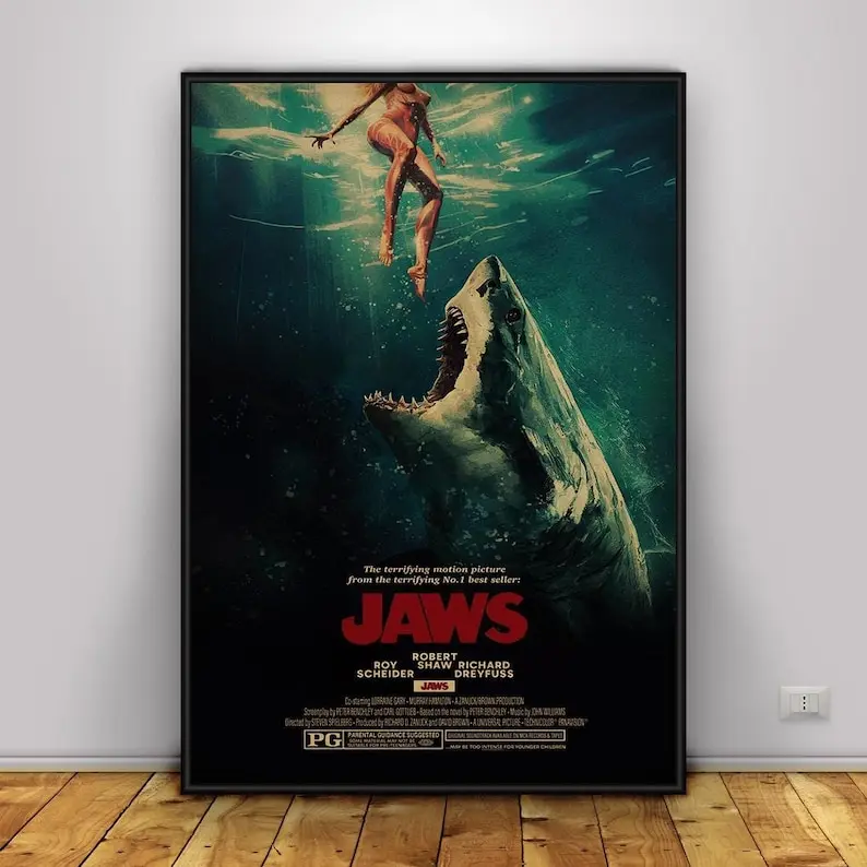 Jaws Movie Poster, Chief Brody and Great White Shark Print, Gift for Her