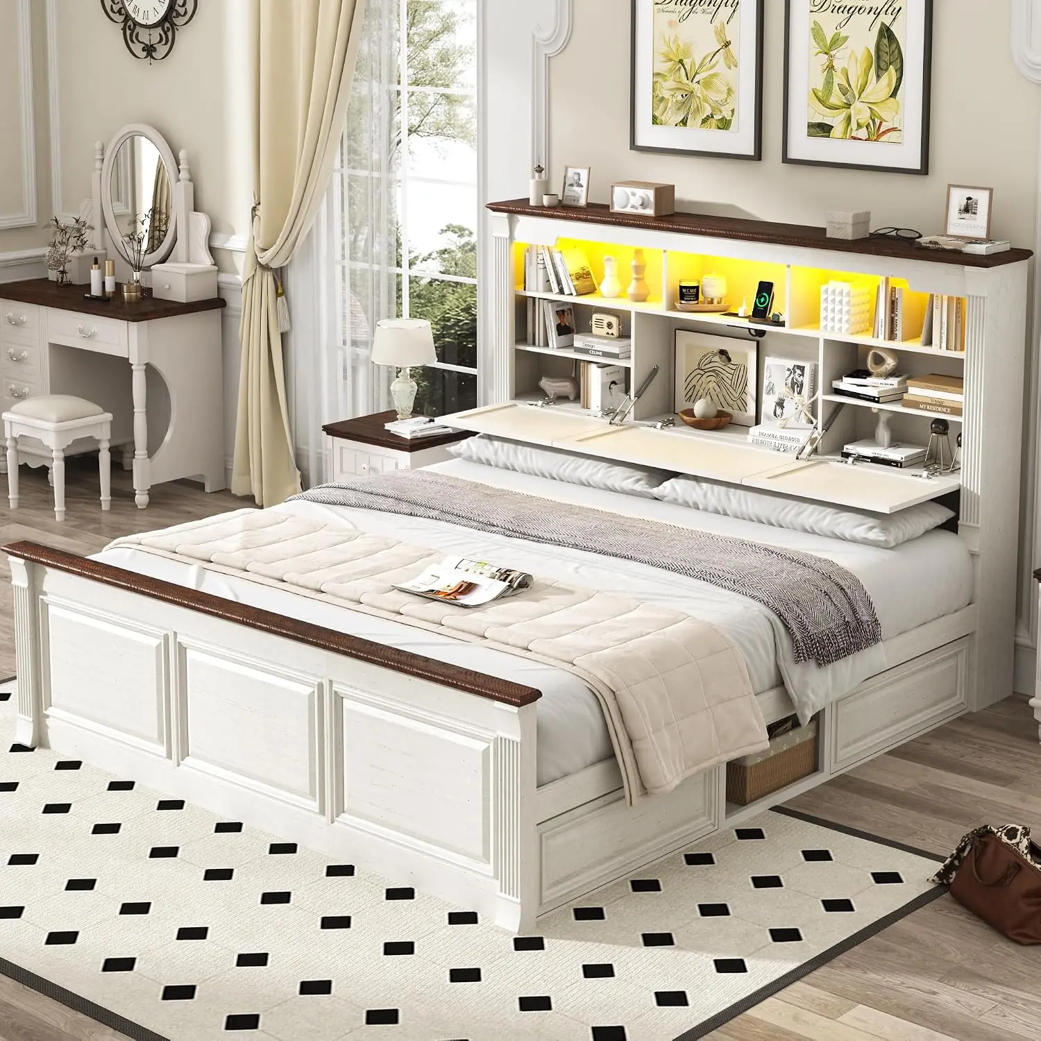 Farmhouse Queen/King Size Bed Frame with 55" Tall Storage Headboard & 4 Drawers, Wood Roman Column Platform Bed Frame with 24" Tall Footboard, LED Light, Charging Station, No Box Spring Needed, Antique White/Grain Black/Rustic Brown