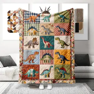 Vintage Floral Plaid Flannel Throw Blanket, Dinosaur Pattern, Multi-Color Design, Soft Shawl for Bed Sofa Floor, Perfect for Dinosaur Lovers