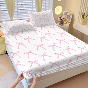 Gentel Fresh Pink Bow Fitted Sheet Set, 1 Bed Sheet & 2 Pillowcases No Core, White and Watercolor Texture Pink Bow Pattern, Comfortable Deep Pocket Anti-Slip Wrinkle-Resistant, Sweet Girlish Bedroom Decor