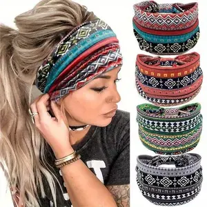 Boho Style Wide Elastic Sweatband Headband, Ethnic Pattern Yoga Hair Band, Breathable Sports Accessory for Women & Men