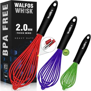 Walfos Whisk,8.5+9+11in Silicone whisk, BPA free Whisks for Cooking Non Scratch. Heat Resistant(450°F) Wisk. Perfect for Blending, Mixing, Beating etc.Dishwasher Safe.Set of 3(Red+Purple+Green)