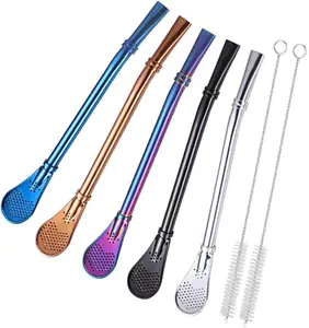 Yerba Mate Bombilla Stainless Steel Straw Loose Leaf Tea Infuser Drinking Spoons Filter Stirring Straws Pack of 5 with 2 Cleaning Brushes for Tea & Cocktails
