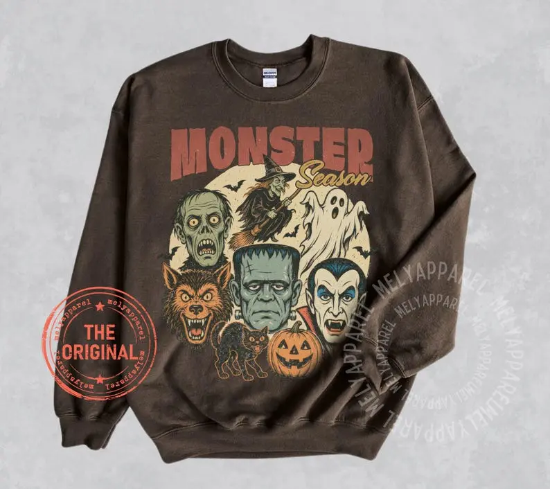 Retro Halloween Sweatshirt Monsters Sweater Horror Movie Vintage Graphic Spooky Season Gift for Him or Her Ghost Party Wear Fall Clothes