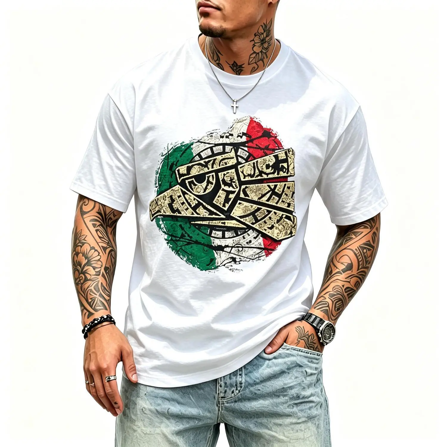 Men's Cotton T-Shirt with Sacred Aztec Calendar Eagle Graphic, Casual Short Sleeve Archeo Theme Top for Menswear, Shortsleeve, Tops, Eagle Motif, Minimalist, Clothes