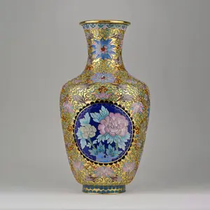 Cloisonné Vase | Handcrafted 15” Chinese Enamel Gold Gilded Floral Vase | One-of-a-Kind Collector Decor | Blue & Pastel Champlevé