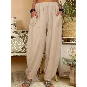 Women's Black Harem Pants with Elastic Waist & Dual Pockets - Loose Fit All-Season Comfort, Machine Washable Casual Vacation Pants for Casual Attire