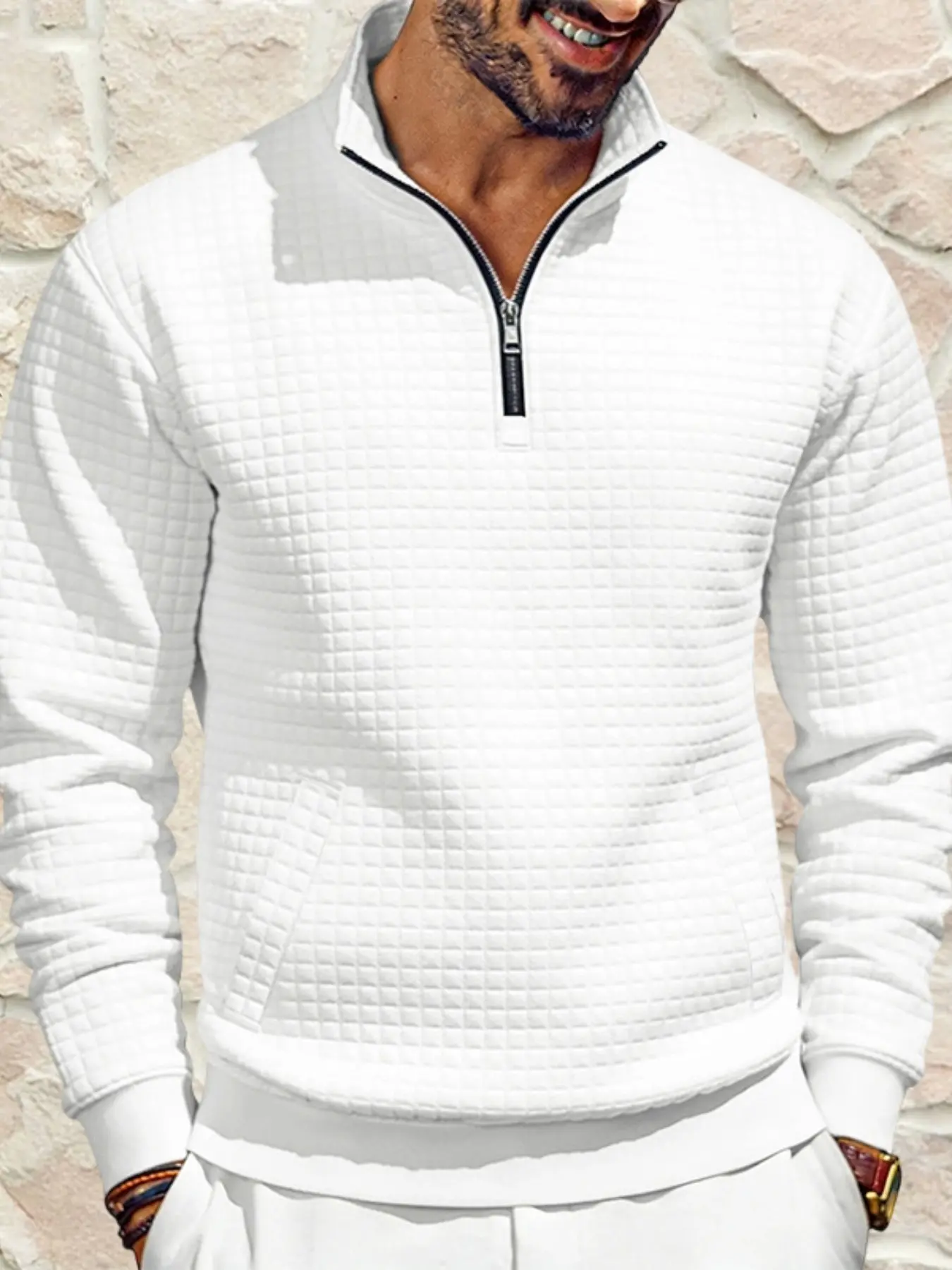 Men's Premium Waffle Knit Pullover Sweater, Casual Long Sleeve Sporty Shirt with Pocket, Half Zip Design, Soft Warm, Fall & Winter, Knitwear, Menswear, Casual Pullover Top, Stretchy Soft Knit