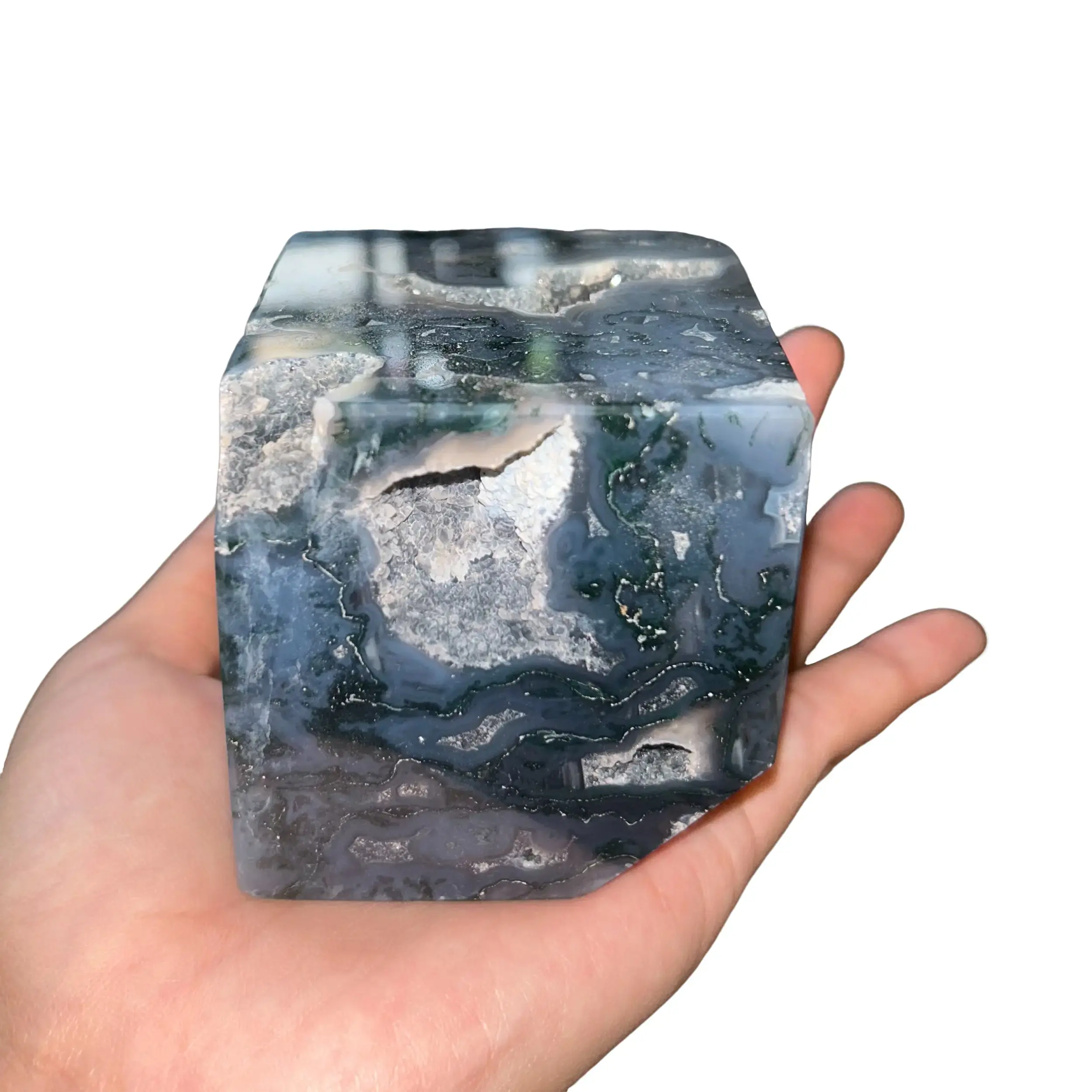 Moss Agate Cubic Crystal - Natural Mineral with Unique Geometric Features, Ideal for Jewelry and Decor