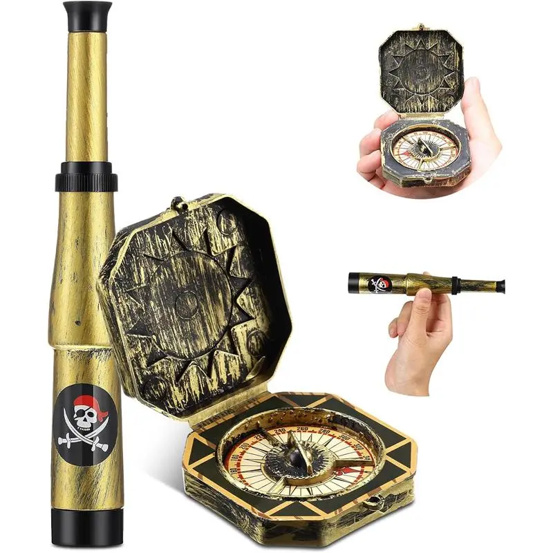 2 Pcs Pirate Telescope Spyglass and Compass for Kids Adults Retro Mini Plastic Toy for Pirate Theme Party Halloween Cosplay Supplies