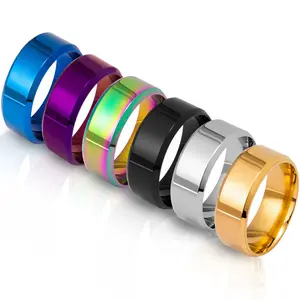 6 Pack 8mm Basic Unisex Silver/ Black / Blue/ Colorful/ Gold/ Purple Super Polished Matt Finish Men Rings Stainless Steel Fashion Ring for Wedding Beveled Edge Engagement Band Ring for Men Women