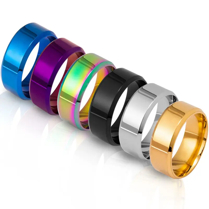 6 Pack 8mm Basic Unisex Silver/ Black / Blue/ Colorful/ Gold/ Purple Super Polished Matt Finish Men Rings Stainless Steel Fashion Ring for Wedding Beveled Edge Engagement Band Ring for Men Women