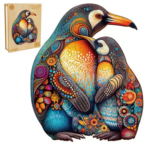 Penguin Family Wooden Jigsaw Puzzle for Adults and Kids Unique Shape Animal Wood Puzzles Challenging Puzzle, Family Game Creative Gifts，Laser-Cut Durable HDF Wood Puzzle