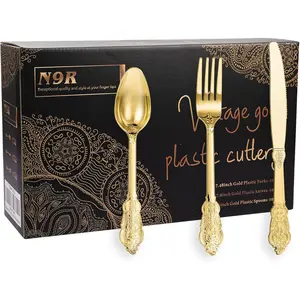 300pcs Gold Plastic Silverware Dinnerware Flatware- Heavyweight Plastic Cutlery Set, 100 Forks, 100 Spoons, 100 Knives, Gold Utensils for Party, Thanksgiving, Christmas