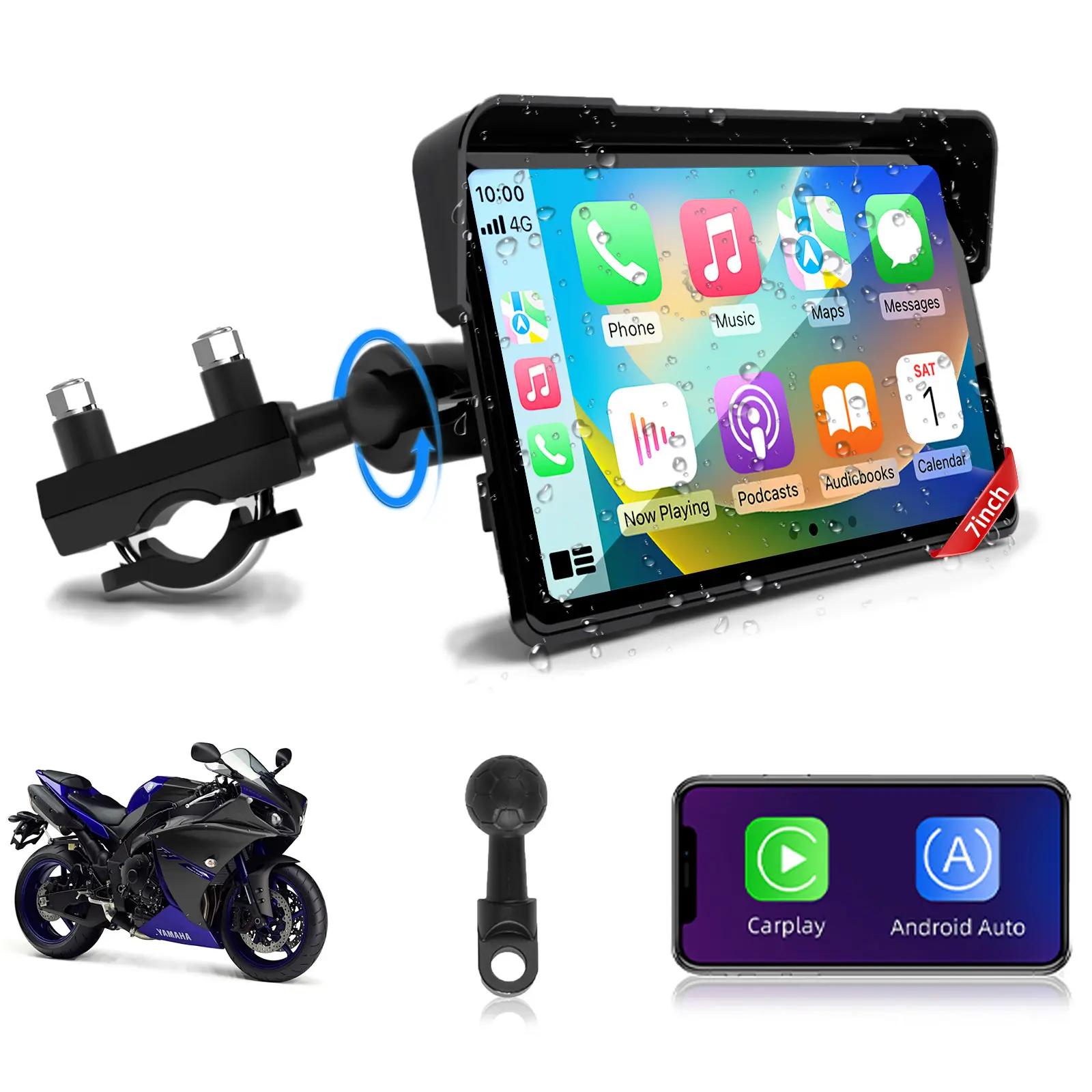 Motorcycle CarPlay 7 inch Carplay Motorcycle Android Auto GPS Navigation for Moto w Large Waterproof TouchscreenDual Bluetooth Car GPS Voice Control Siri G00gle Assistant Brightness Adjust