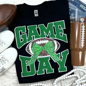Green Chenille Football Game Day with Sequin Bow Patch