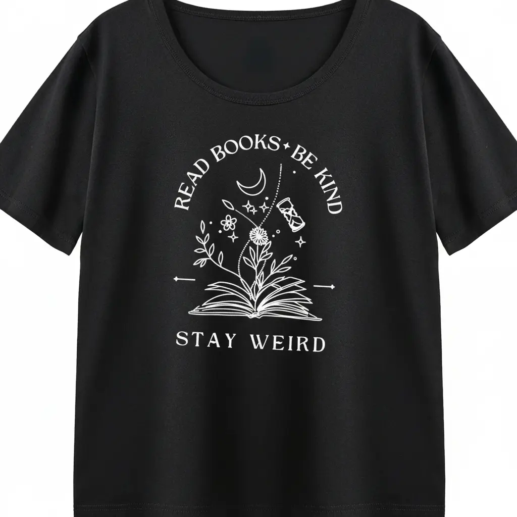 Casual Everyday Tops, Unisex Classic Crew Graphic T-Shirt with Book & Moon Line Art, Breathable Comfortable Shortsleeve Outdoor Tee, Round Neck