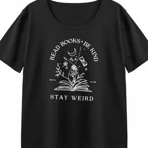 Read Books Be Kind Stay Weird Long Sleeve Tee - Book Floral Moon Star Line Art Illustration Bookworm Librarian Gift