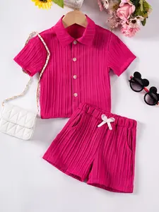 Girls' Fashion 2-Piece Set, Wave Striped Short Sleeve Shirt Shorts, Suitable for 3-8 Year Old Girls, Summer Casual School Wear, Children