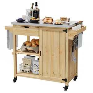 Solid Wood Outdoor Grill Cart Storage Cabinet Outdoor Grill Cart, BBQ Cart Prep Table with Stainless Steel Top, Drawer, Shelves and a Door, Portable Rolling Kitchen Island for Patio, Garden, Backyard
