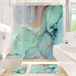 4 Pcs Shower Curtain Set with Non-Slip Rugs Toilet Lid Cover and Bath Mat, Green Marble Bathroom Decor Set with Accessories