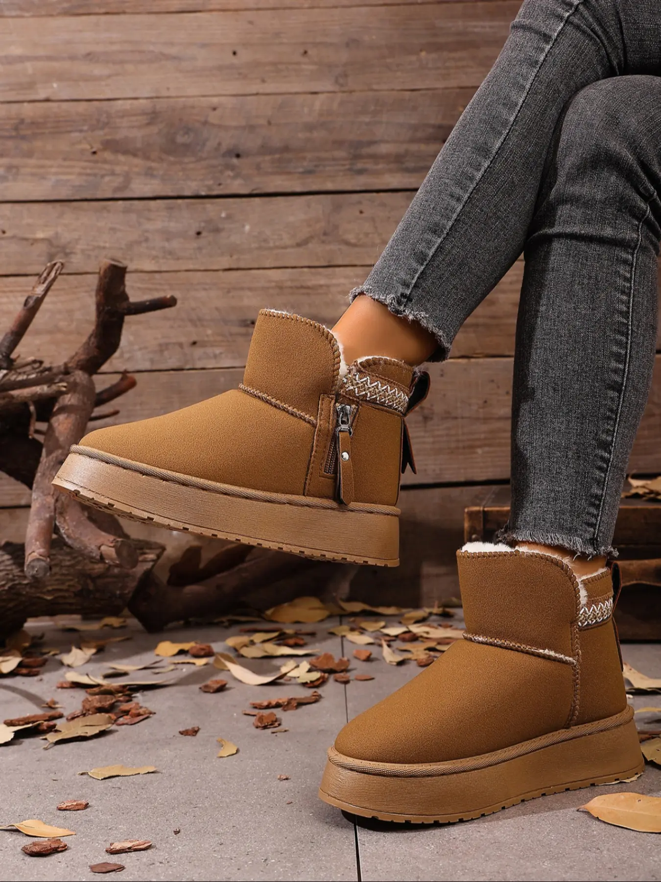 Caramel Thick Sole Short Faux Fur Snow Boots, Velvety Material + Lined Inner, Side Zipper & Decorative Texture, Fall Winter Casual Wear