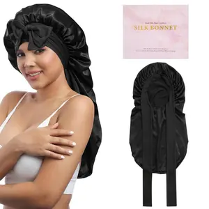 AWAYTR Long Silk Bonnet for Sleeping 100% Mulberry Silk Bonnet s for Women Long Hair Sleep Cap with Elastic Tie Band