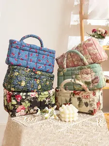 French Country Leaf Print Quilted Storage Basket, Portable Foldable Snack Basket, Women's Cosmetic Organizer, Multi-Functional Home Decor, Floral Pattern Basket