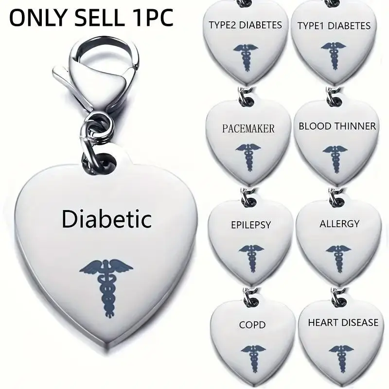 Unique Heart-Shaped Stainless Steel Medical ID Keychain, Inscribed with Type 2 Diabetes Symbol, Hypoallergenic, Durable, Easy to Clean, Ideal Gift, Heart Keyring