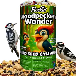 Woodpecker Bird Seed Cylinders with Hole – Premium Woodpecker Food Blend with Sunflower Chips, Peanuts & Suet – Natural High Energy Bird Seed, No Filler, No Shell, No Mess – USA Made (4" x 7.75"