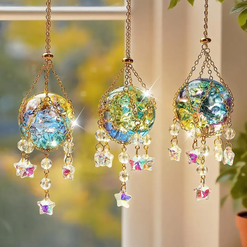 DIY Bag Accessory and Sun Catcher Kit, Natural Crystal Stone Celestial Pendant, Glittering Wind Chimes for Window Wall Hanging, Artistic Festival Gift, Artistic Decoration, Hangable, Indoor Window