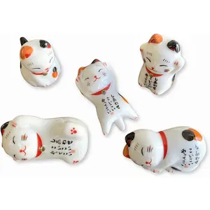 Ceramic Cute Lucky Cat Chopsticks Rest Dinner Spoon Stand Knife Fork Holder (Set of 5pcs)