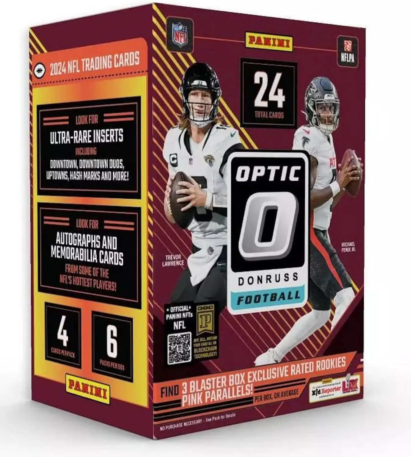 2024 Panini Donruss Optic Football Blaster Box - 6 Packs, 3 RR Pink Parallels, Football Players Trading Cards with Autograph Cards, Randomly Inserted for Collectors