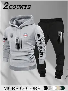 Men's American Flag Workout Set, Tracksuit Set, Half-Zip Pullover & Drawstring Pants, Casual Fall Fitness, Sports Activewear Set, Multiple Colors Available