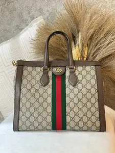Pre-owned GUCCI Ophidia Small Tote Bag in GG Supreme canvas with dark brown leather trim 1919H0829